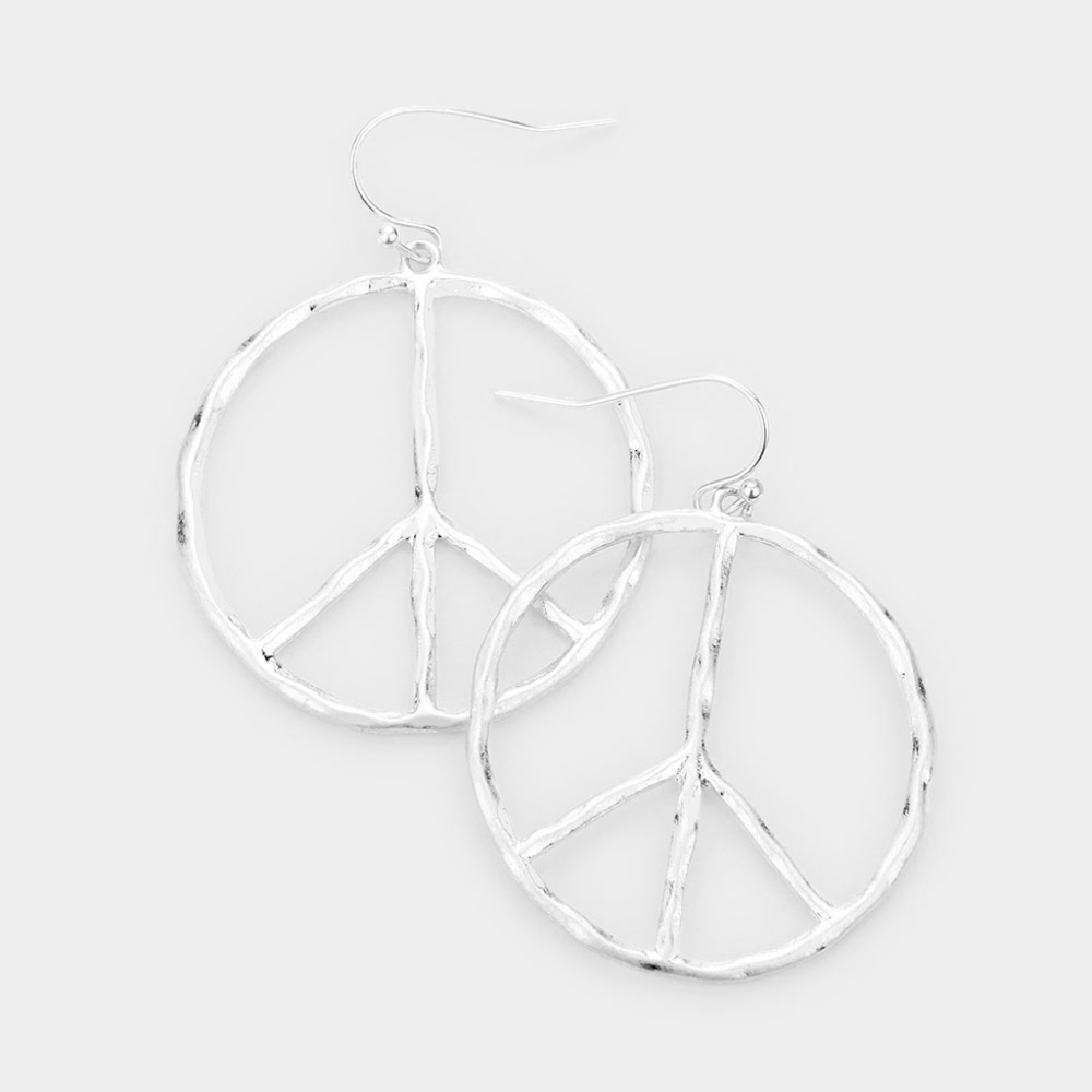 Silver Peace Symbol Sign 1.75 Inch Metal Dangle Earrings Drop Statement Jewelry